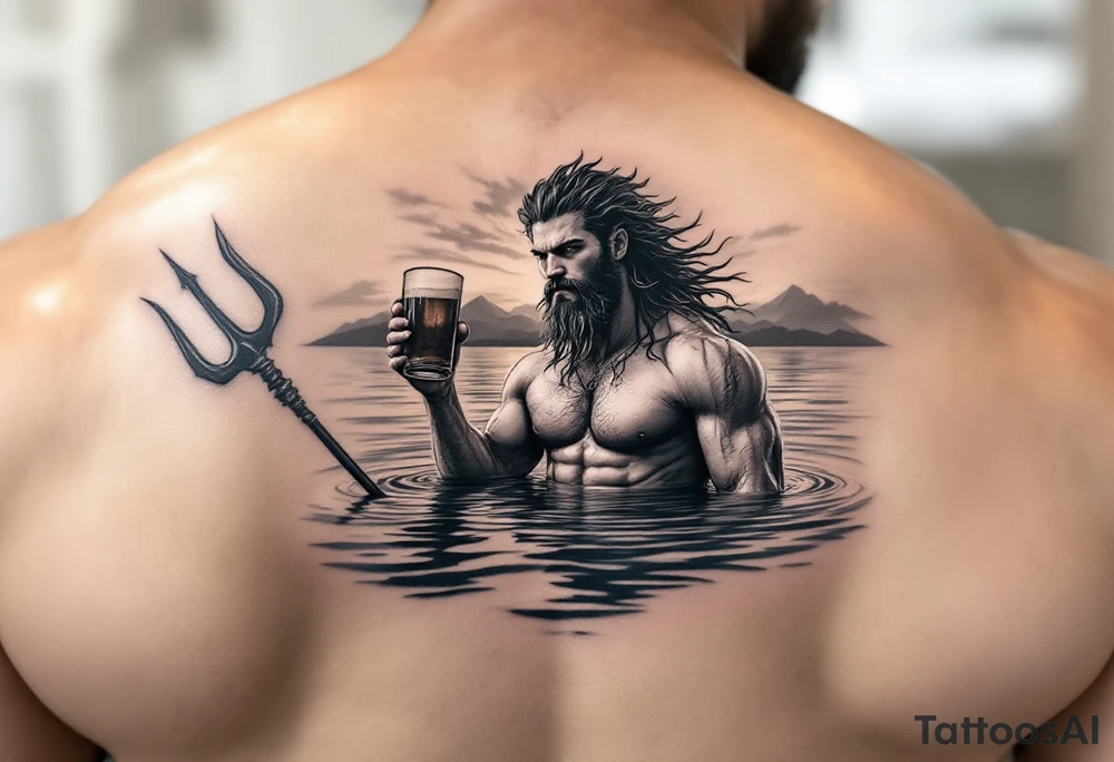 young, fit poseidon in calm water, behind a trident, holding a beer, with sunset tattoo idea