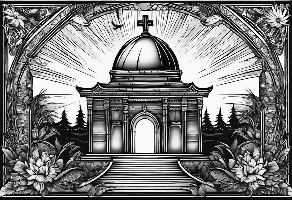Tomb with cross and sun in the background tattoo idea