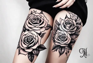 Girlie thigh rose art tattoo idea