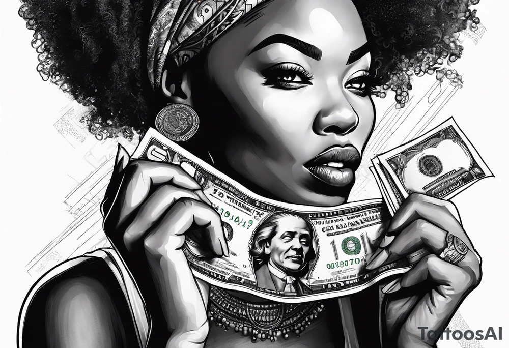 african woman biting money tattoo idea