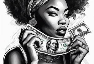 african woman biting money tattoo idea