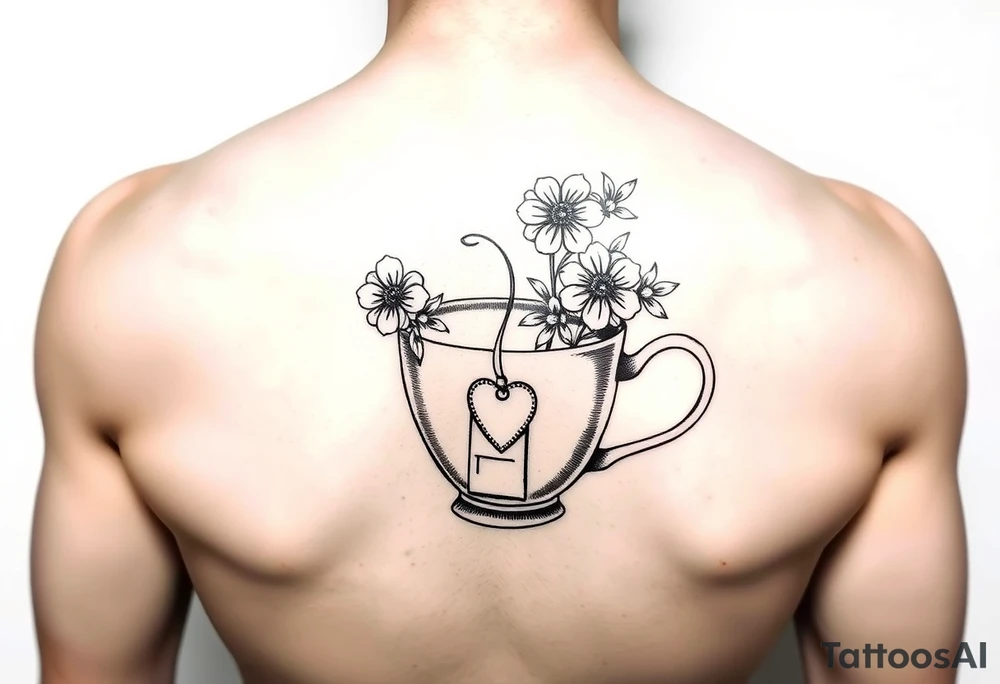 Cup of tea simple vintage small flowers love heart with a tea bag hanging out of the cup tattoo idea