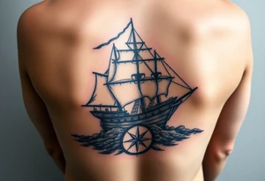 A tattered galleon ship sailing toward a stormy and rocky shore and a compass pointing home tattoo idea