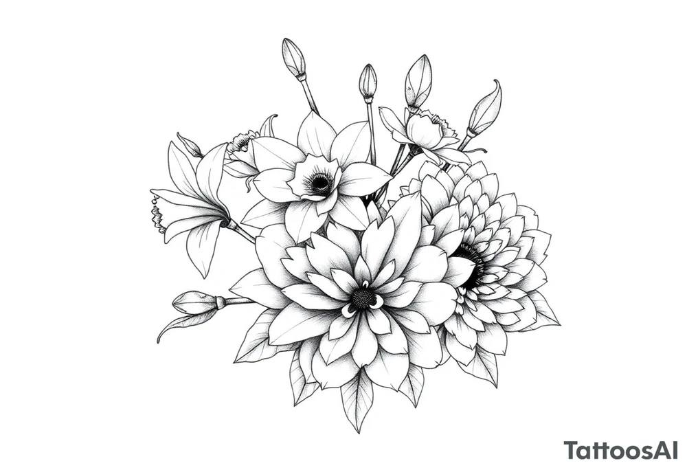 small daffodils, jonquils, chrysanthemum and peony in a bouquet tattoo idea