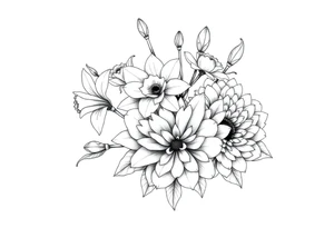 small daffodils, jonquils, chrysanthemum and peony in a bouquet tattoo idea