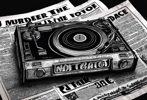 Ripped newspaper for hand with headline “dj murdered the dance floor”. Fake newspaper Article about best dj in raleigh tattoo idea