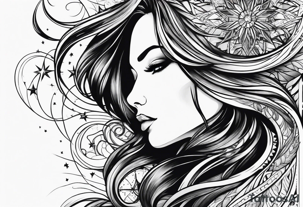 long haired woman reaching to stars tattoo idea