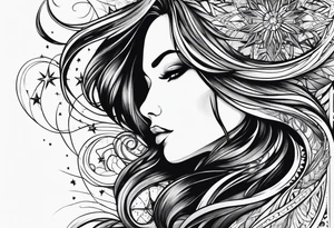 long haired woman reaching to stars tattoo idea