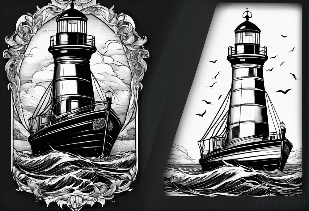 ghost marine lighthouse behind the bow of a sailboat. tattoo idea