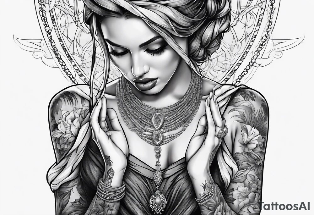 Praying Christian woman with hands holding necklace tattoo idea