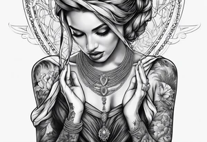 Praying Christian woman with hands holding necklace tattoo idea
