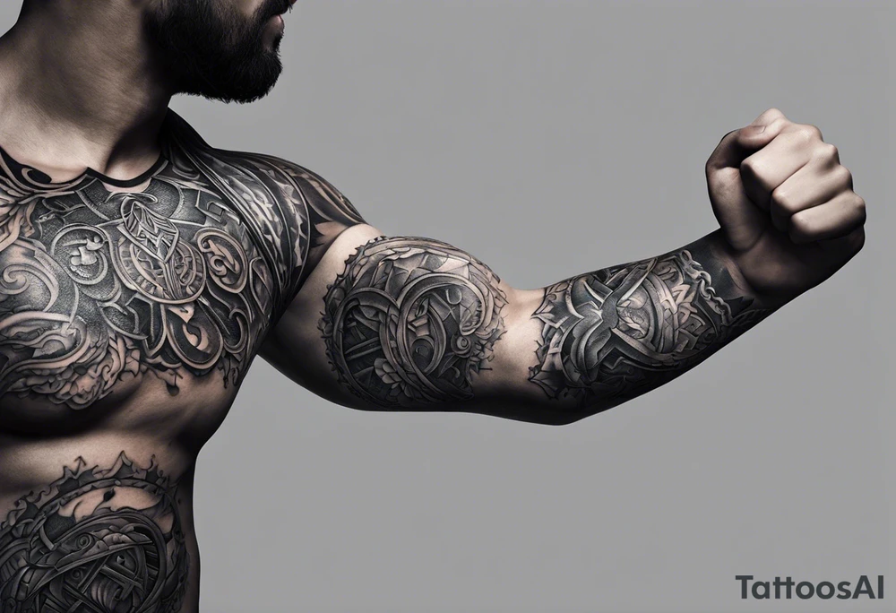 Certainly! Here's the updated description for a bicep and upper arm tattoo:

---

**Tattoo Description:**

**Design:** Black and gray detailed illustration.
**Location:** Bicep and upper arm.
**Concept:** Scene from Dante's Inferno, inspired by Gustave Doré's illustrations.

**Details:**

1. **Main Elements:**
   - A dark forest with towering trees and rocky terrain.
   - Two small figures standing at the entrance of a dark cave, symbolizing the descent into hell.
   
2. **Style:**
   - Detailed line work capturing the intricate details of the forest and rocky environment.
   - Black and gray shading to create depth and contrast, emphasizing the eerie and foreboding atmosphere.

**Overall Feel:**
   - A haunting and dramatic scene that evokes the mysterious and ominous journey through Dante's Inferno.

---

This version is tailored for the bicep and upper arm, providing a clear and concise vision for your tattoo artist. tattoo idea