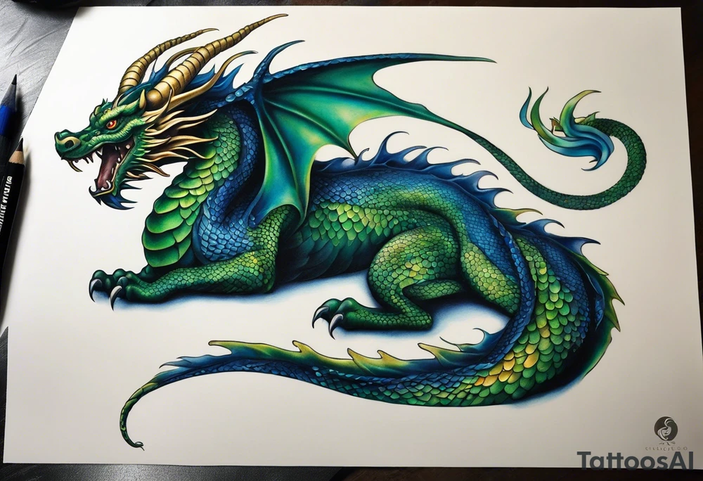 Micro realist Tattoo: An epic with no wings floating. Its body coiling dynamically, with scales and horns detailed to create a sense of movement and strength. The dragon's main color is dark blue but features accents in green, blue, and gold, giving a vibrant depth and a mystical aura. This tattoo highlights the dragon’s fierce expression and sharp claws as it wraps protectively around the leg. Style: Micro-realism tattoo idea