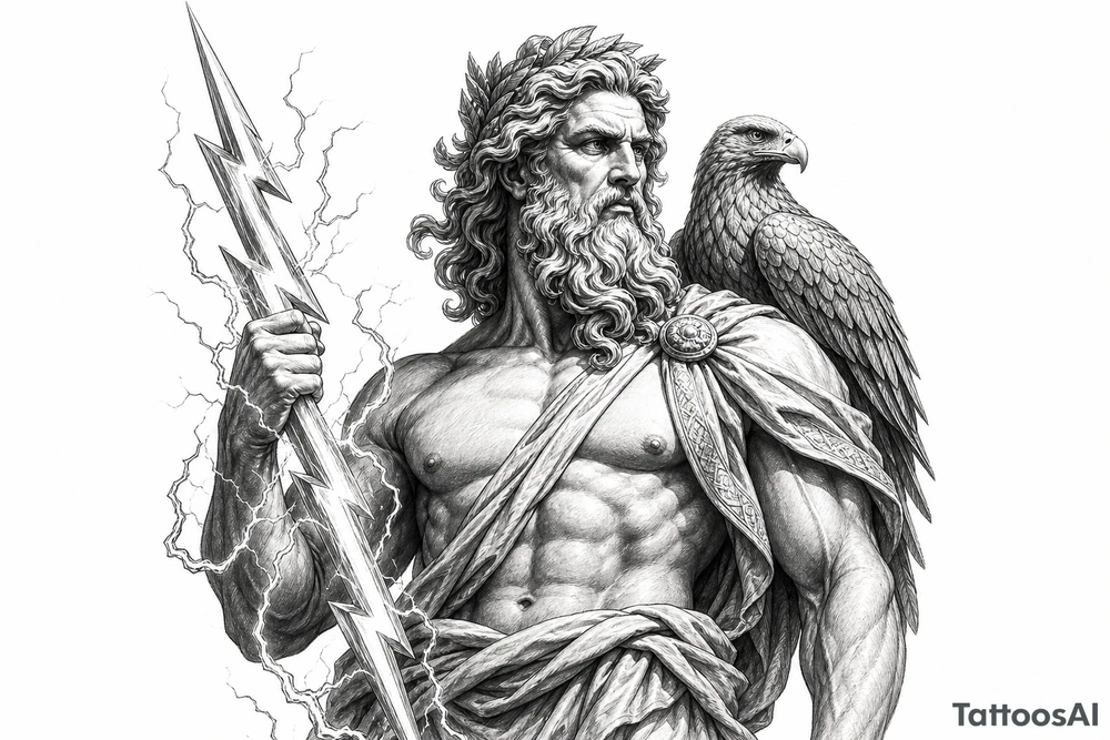 Zeus wielding a lightning bolt, eagle perched on his shoulder, classical Greek sculpture style. tattoo idea