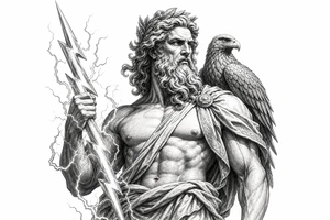 Zeus wielding a lightning bolt, eagle perched on his shoulder, classical Greek sculpture style. tattoo idea