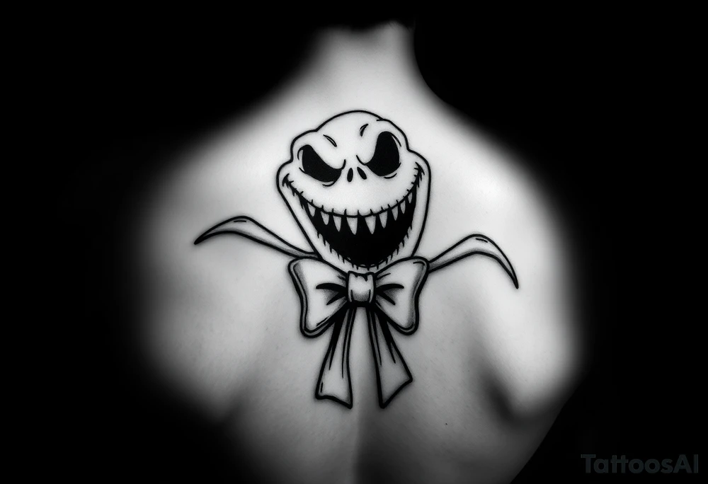 oogie boogie from nightmare before Christmas with a bow simple linework only tattoo idea