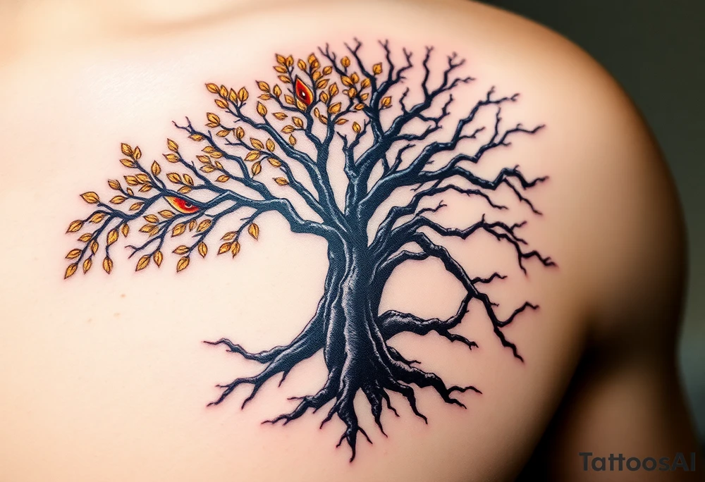 A tree of life with golden leaves, flourishing on one side, symbolizing growth and harmony, juxtaposed against a barren black tree with twisted branches and deep red eyes peering through the shadows, signifying decay and destruction tattoo idea
