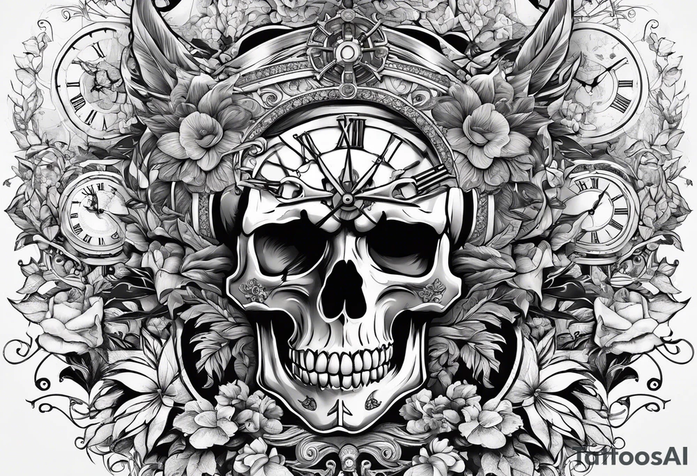 skull, lion, clock, flower, trident, anchor, tattoo idea