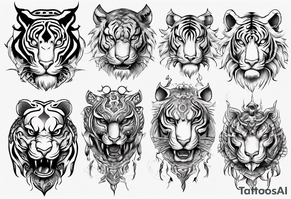 Ancient mythical tiger-like creature on a sleeve tattoo idea