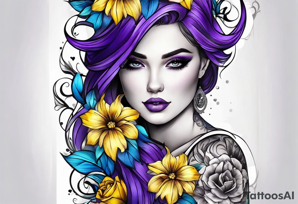 Arm sleeve with purple, yellow and blue flowers tattoo idea