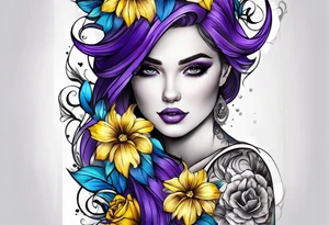 Arm sleeve with purple, yellow and blue flowers tattoo idea