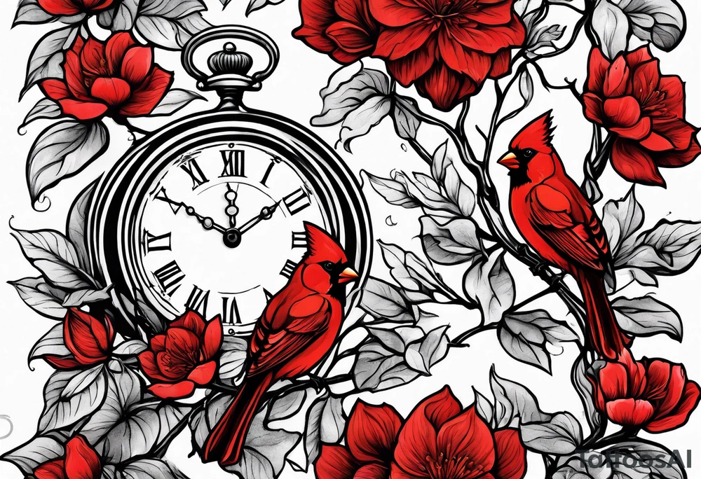 Trees, flowers, clock, red cardinal, representing growth from grief tattoo idea