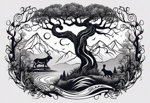 Fond montagne enneigée. Au centre, un Arbre de vie avec un taureau de terre  et tigre de feu au pied, dans les branches lapin d'eau et serpent de bois tattoo idea