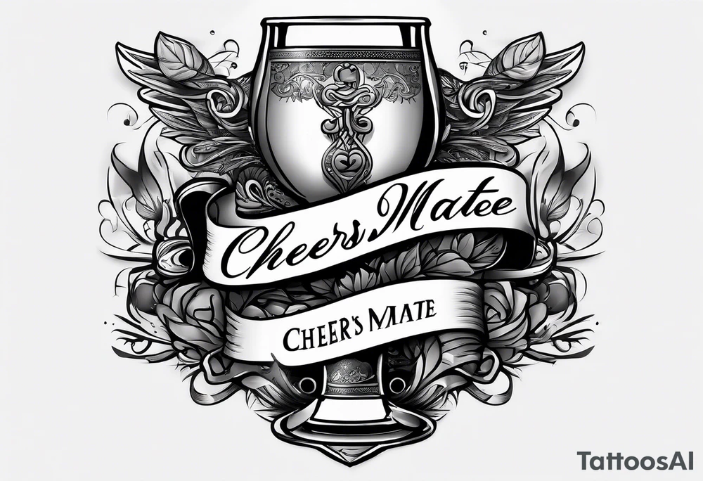 "Cheers Mate" text black and grey ink armband +abstract +grey Cancer Ribbon tattoo idea