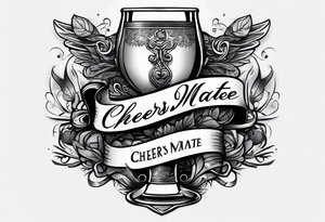 "Cheers Mate" text black and grey ink armband +abstract +grey Cancer Ribbon tattoo idea