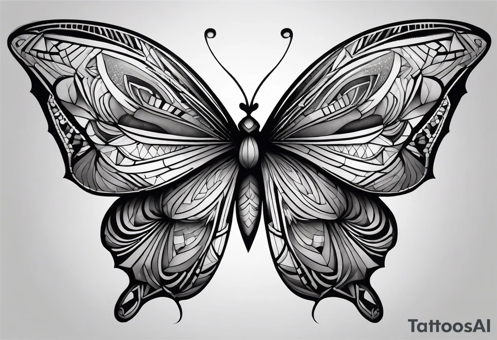 Minimalist butterfly with fine line wings, incorporating M.C. Escher’s geometric tessellation patterns in the wing structure, soft black-and-gray shading for depth. tattoo idea