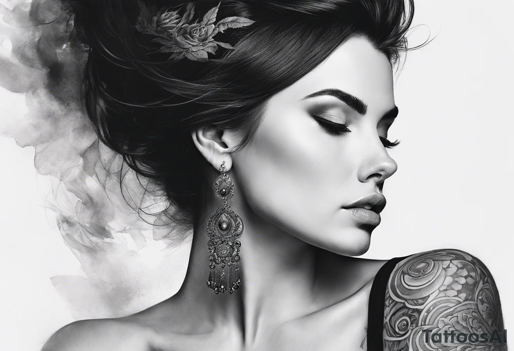 A white woman with dark hair and features. She will be posing sideways portrait style but looking head on. She needs to embody a modern queen. . And the outside of the tattoo can fade away with smoke. It’s for my outer shoulder so it’s about 20x7cm her hair should be down and loose and she can have 2-3 flowers in her hair. tattoo idea