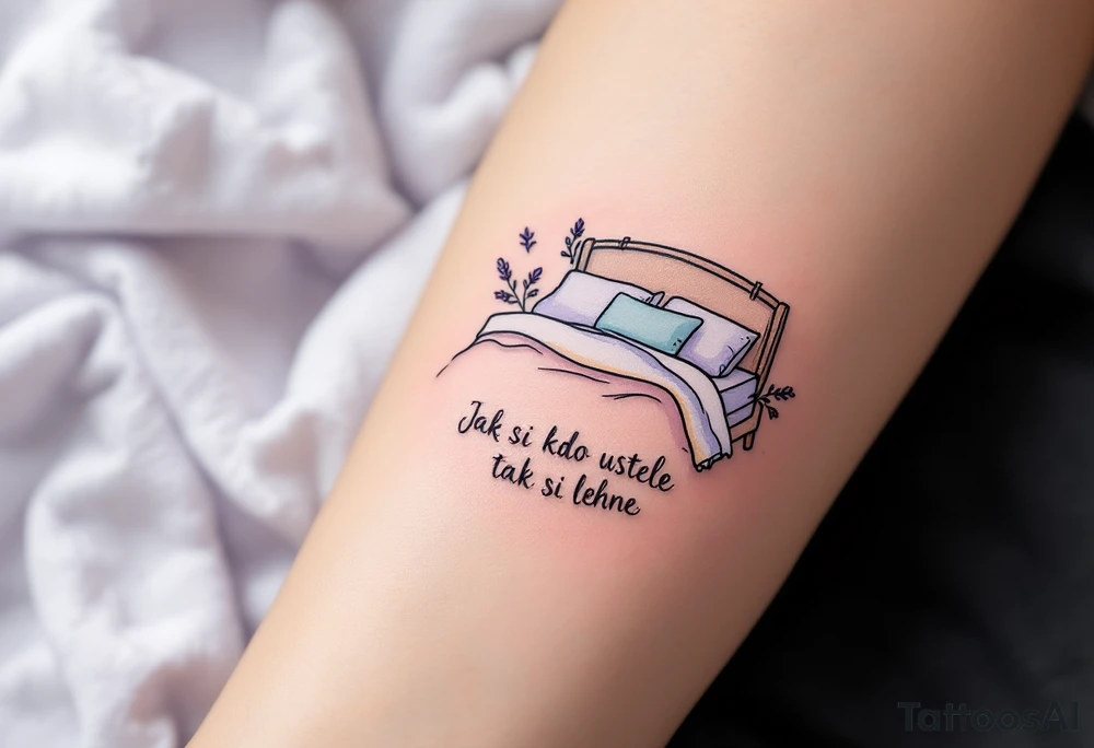 "Jak si kdo ustele, tak si lehne." — A cozy bed drawn in fine black linework, surrounded by delicate lavender accents and the quote on a pillow tag. tattoo idea