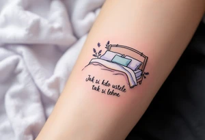 "Jak si kdo ustele, tak si lehne." — A cozy bed drawn in fine black linework, surrounded by delicate lavender accents and the quote on a pillow tag. tattoo idea