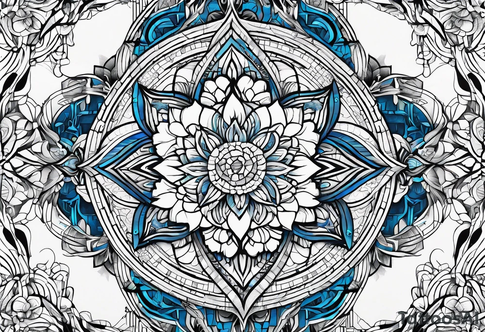 Linear bionic metatron , with abstract floral patern in blue linear design tattoo idea