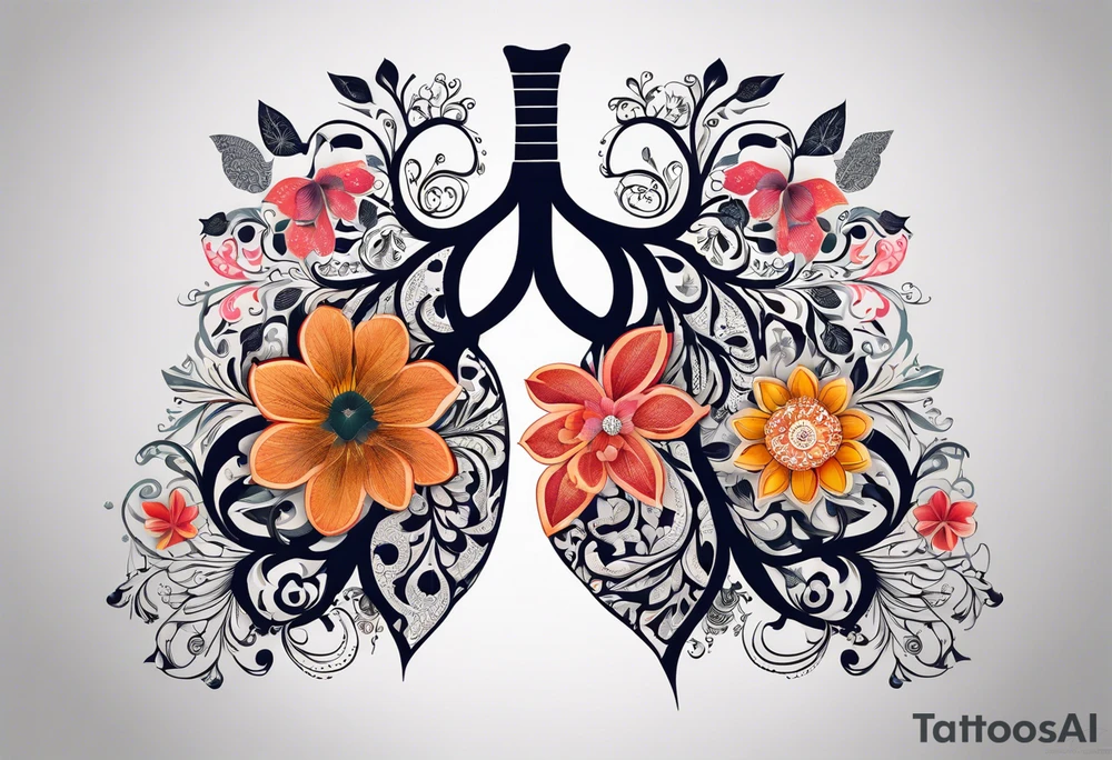 intricate and artistic arrangement of flowers and ornamental patterns that come together to form the shape of human lungs. The design should have a balance of delicacy and detail, with vibrant floral elements seamlessly intertwining to mimic the structure of the lungs, including the bronchi branching into floral motifs. Incorporate subtle shading and depth to give the tattoo a dynamic and organic feel, while maintaining elegance and symmetry, embraced by an octopus and butterflies flying around tattoo idea