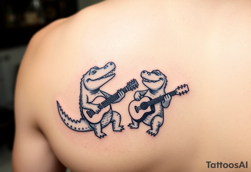 Two cartoon alligators playing music together tattoo idea