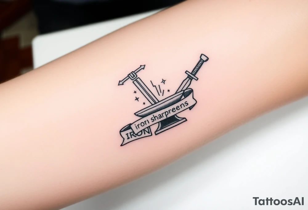 Black ink tattoo sketch of a sword striking an anvil with sparks flying. Banner wrapped around the sword reading “Iron Sharpens Iron.” Forearm tattoo design, bold outlines, no color, hand-drawn sketch style. tattoo idea