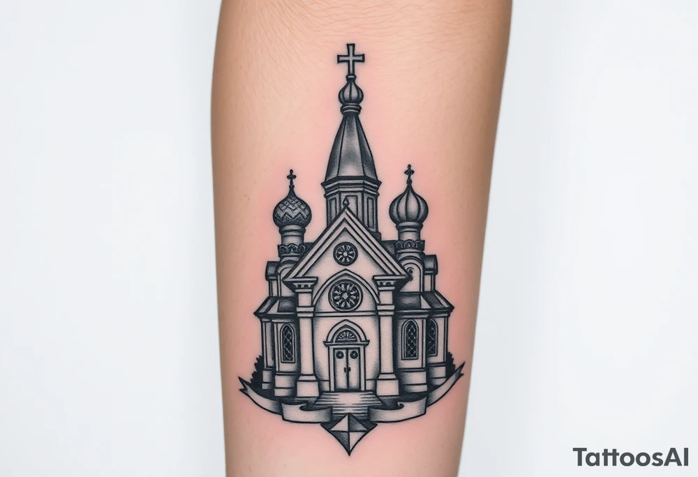 in a dorsal view a detailed medium sized country style russian orthodox church with onion domes and a band at the front with mist shrouding the top and fading into a virgin mary overlooking above at the top tattoo idea