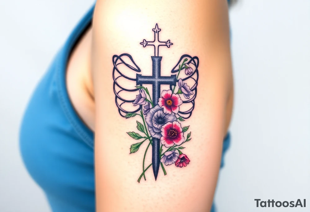 A tattoo with A tattoo featuring ribs and a cross symbolizes the journey from death to life. Include a bouquet of the following flowers emerging from the life side: Morning Glory, Lily of the Valley, Daffodil, Rose, Poppy, and Violet. and a cross representing from death to life. Incorporate the following flowers in a bouquet coming out of the life side. Morning Glory, Lily of the Valley, Daffodil, Rose, Poppy, Violet tattoo idea