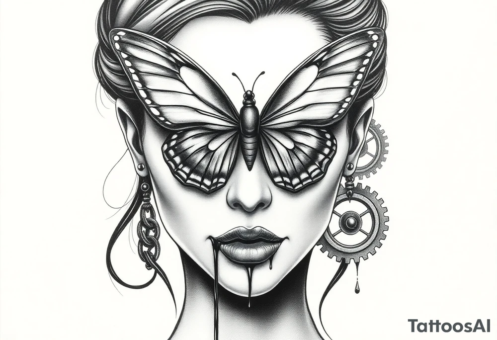 Black and grey realism tattoo design of a beautiful woman's face. And a butterfly landing g on her on the upper bridge of her nose so that the lower wings of the butterfly is covering both her eyes  the butterflys right lower wing is covering her right eye and the lower left of the butterfly wing is covering her left eye  (see no evil),her mouth where her lips are are stiched shut like with needle and thread firming little xs from the right side of her mouth to the left (speak no evil). Her ears are dripping blood that is steaming down her neck and cheek. The style is black and grey realism, hyper-realistic, dark, and evil. Incorporate ninja gear elements and mechanical details (gears) subtly into the background or clothing for a gear ninja evil look. Design for a full forearm sleeve placement tattoo idea