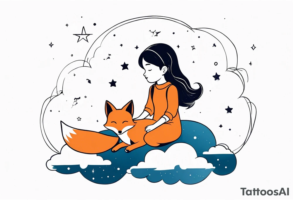 little girl with a fox sit side by side on a cloud and look at the stars tattoo idea