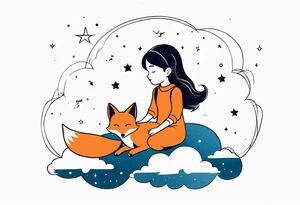 little girl with a fox sit side by side on  a cloud and look at the stars tattoo idea