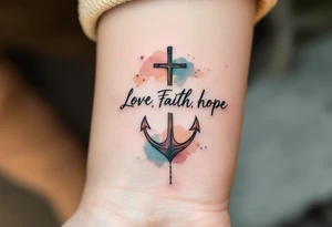 "Love, Faith, Hope" written in a flowing handwritten style beneath a heart, cross, and anchor in muted earth tones. tattoo idea