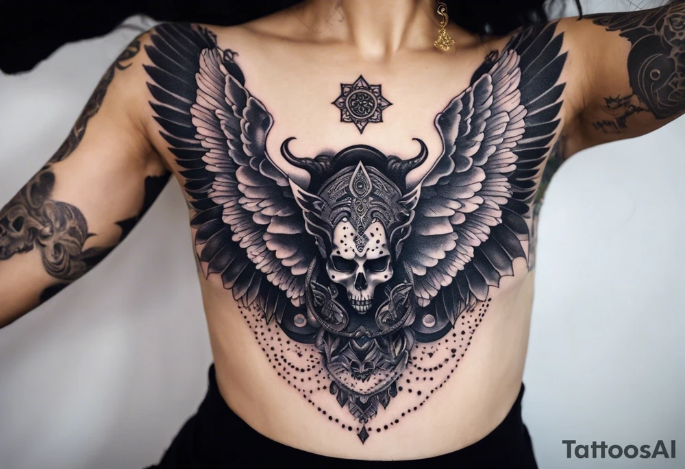 black kali, goddess pirate, alien, angel, pachamama, valkrye, warrior, flying, skull, lotus azul, wing, eagle, zenza resonance, stars, 5D, anahata chakra, death, durga, riding on a tiger, flying lady, chest tatoo tattoo idea