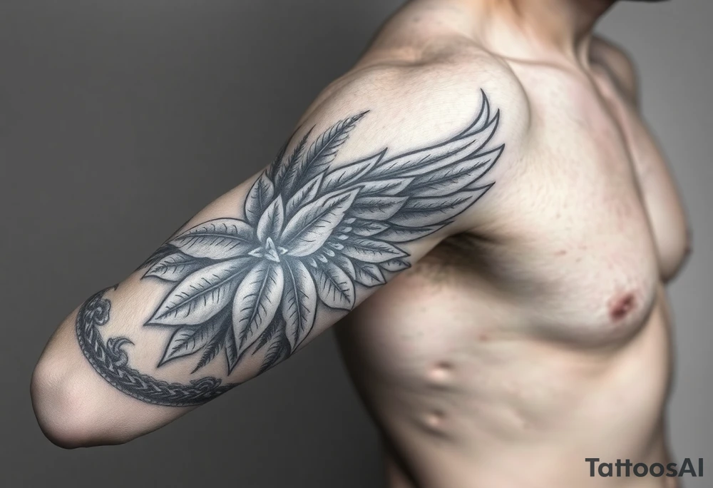Forearm sleeve tattoo including details of a few jungle leafs,Bold and powerful Puerto Rican tribal theme, wing with 100 dollar patterns in it tattoo idea