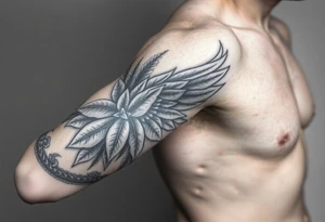 Forearm sleeve tattoo including details of a few jungle leafs,Bold and powerful Puerto Rican tribal theme, wing with 100 dollar patterns in it tattoo idea