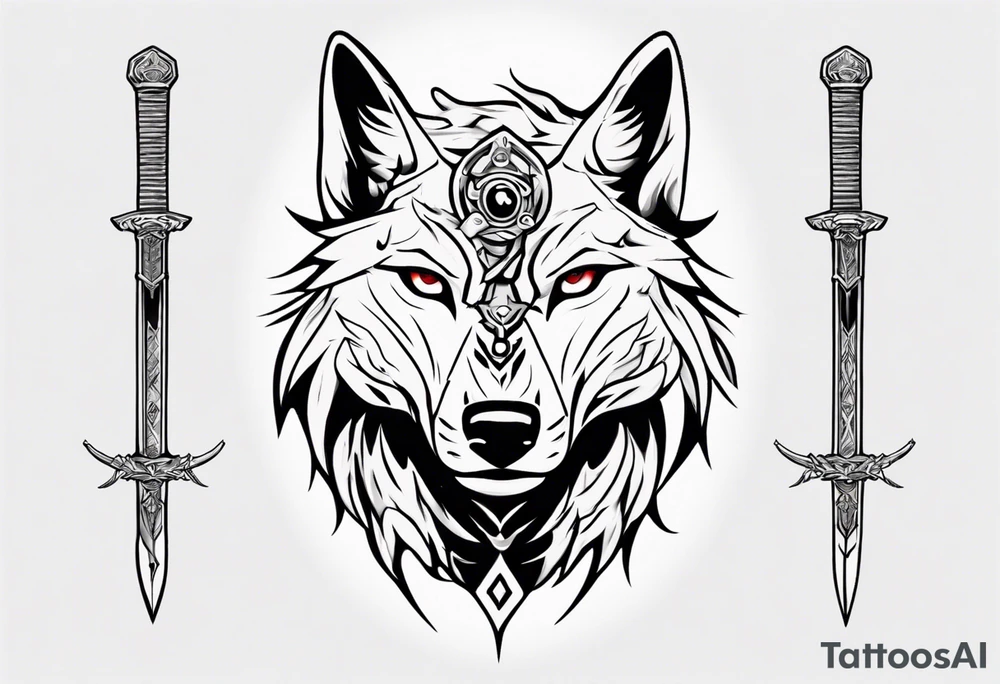 wolf head with sword in background tattoo idea