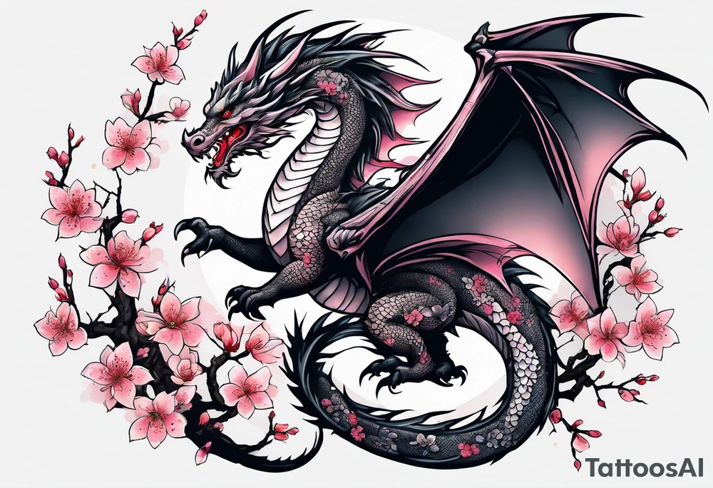 A dragon with wings covered in cherry blossoms tattoo idea