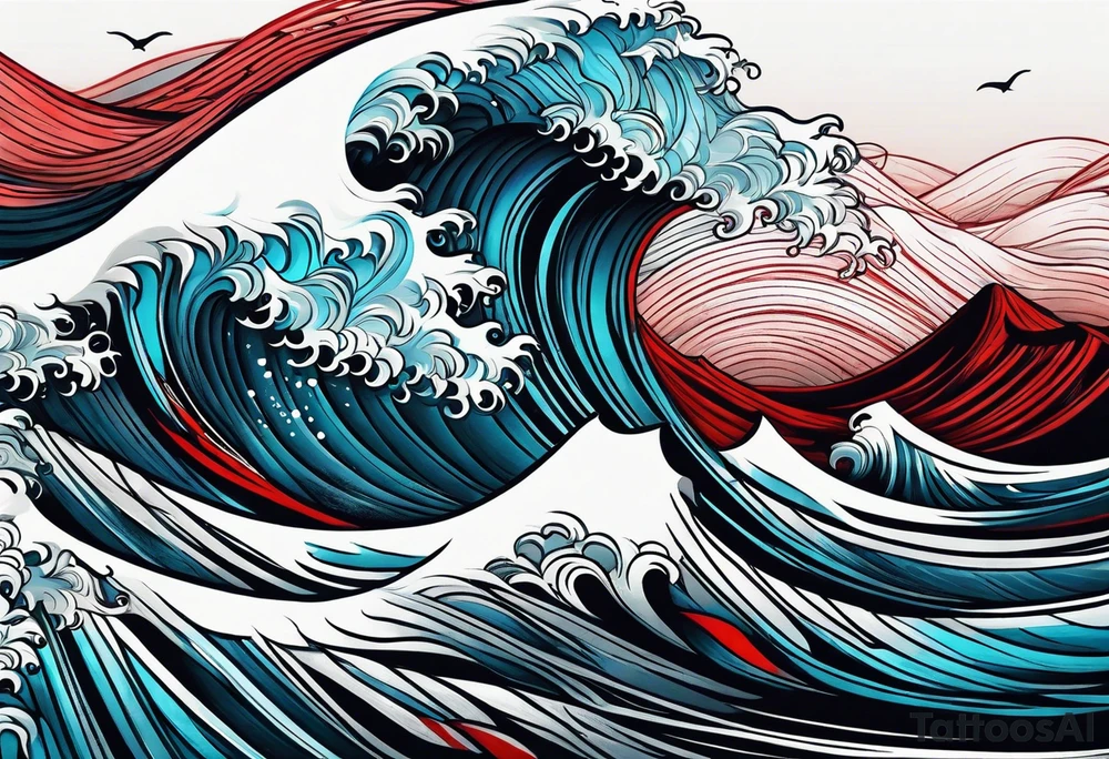dark ocean waves background with linear red, white and black and gray including muted blues tattoo idea