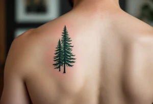 Two matching pine trees in forest green ink, the first taller and on the back, the second smaller and on the inner arm. tattoo idea